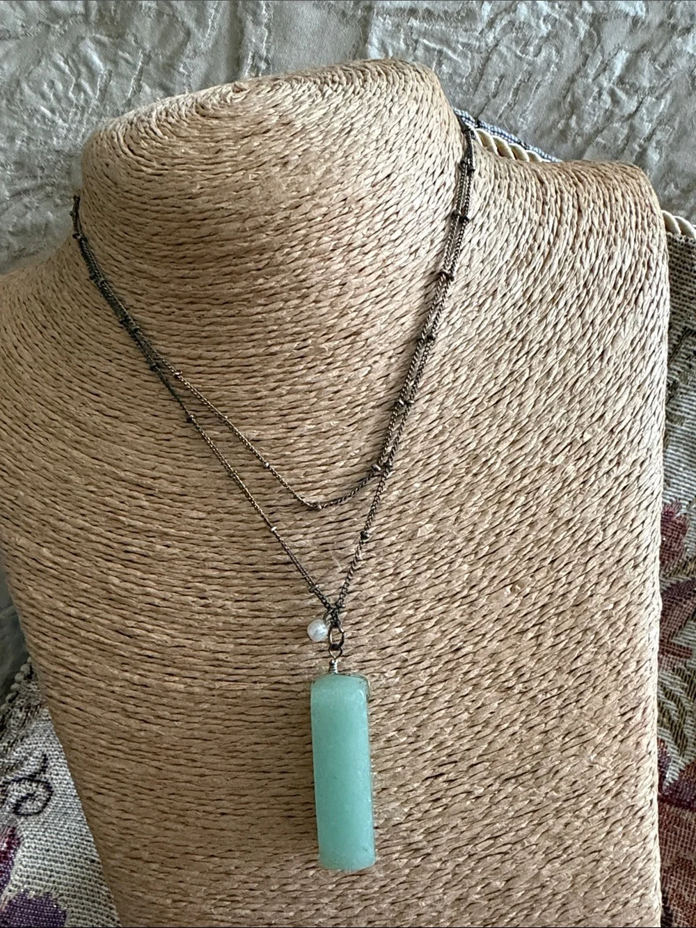 Long sterling silver darkened chain with tiny silver balls green semi precious